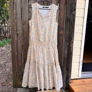 Lauren Ralph Lauren Voile Floral Blouson Tiered Cotton Blend Dress NWOT Apricot